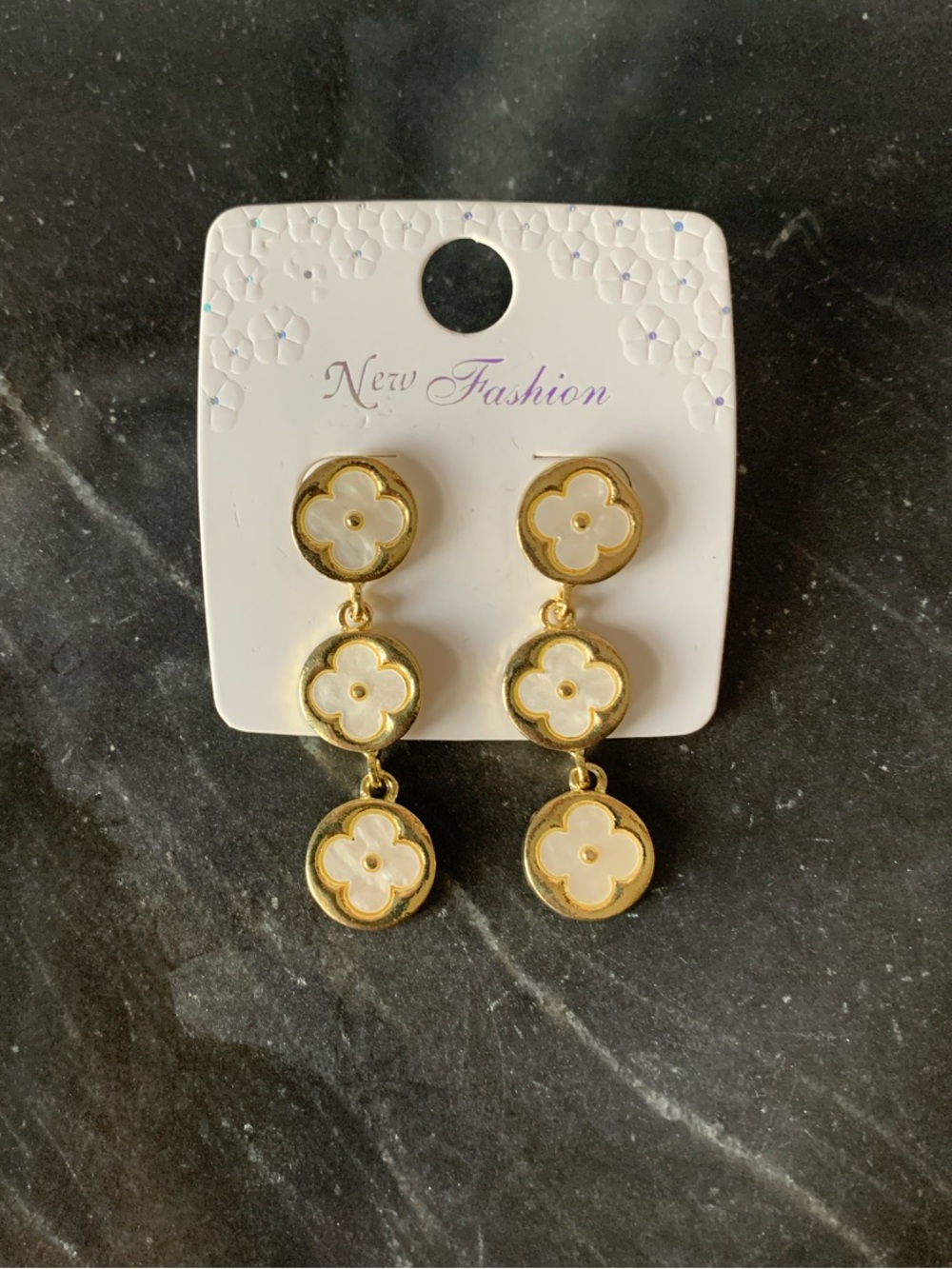 NEW! Gold & White Mother of Pearl Floral Drop Earrings Designer Inspired